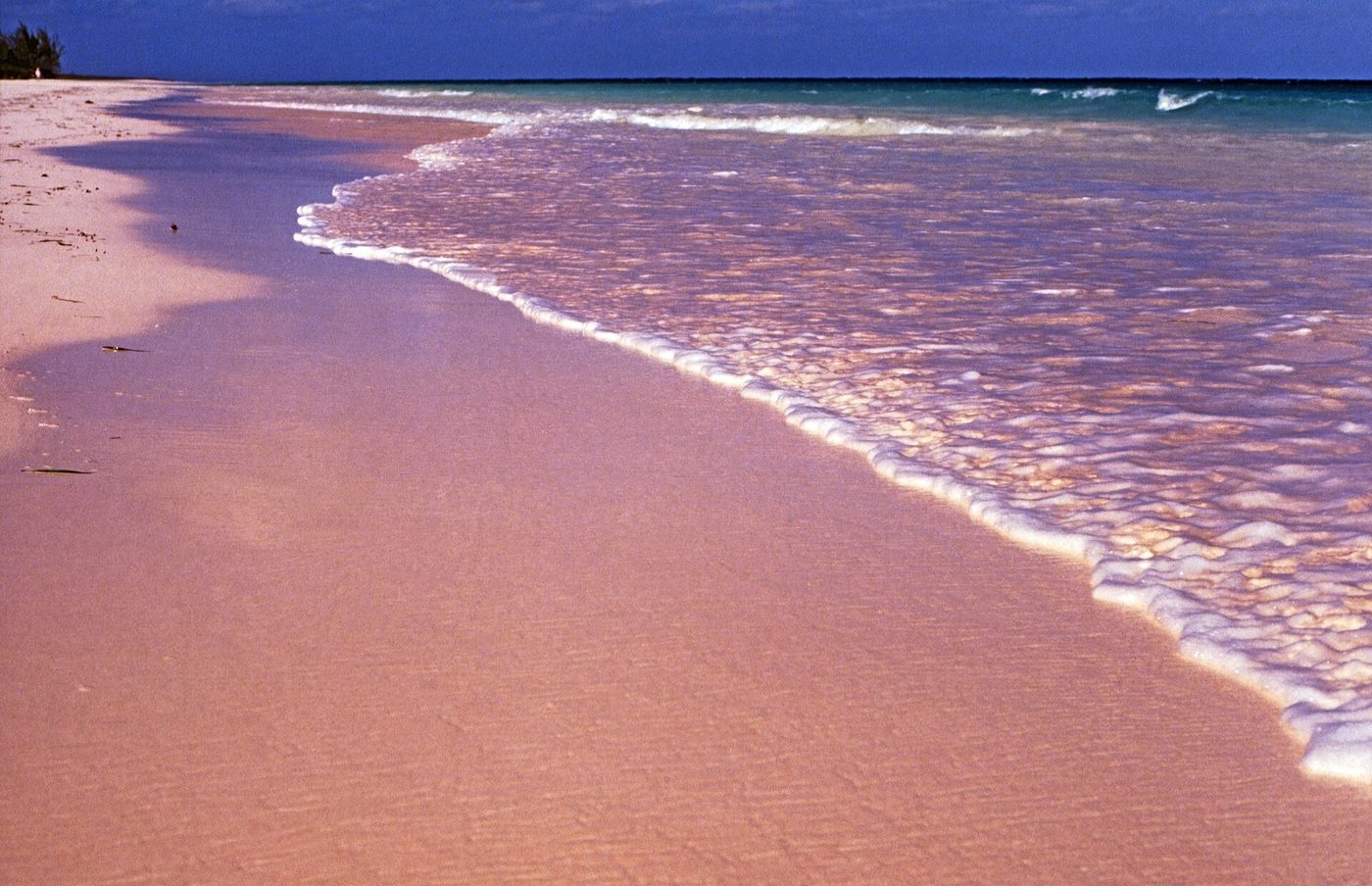 Pink sand at the waterline on Harbour Island, wave wash running over it