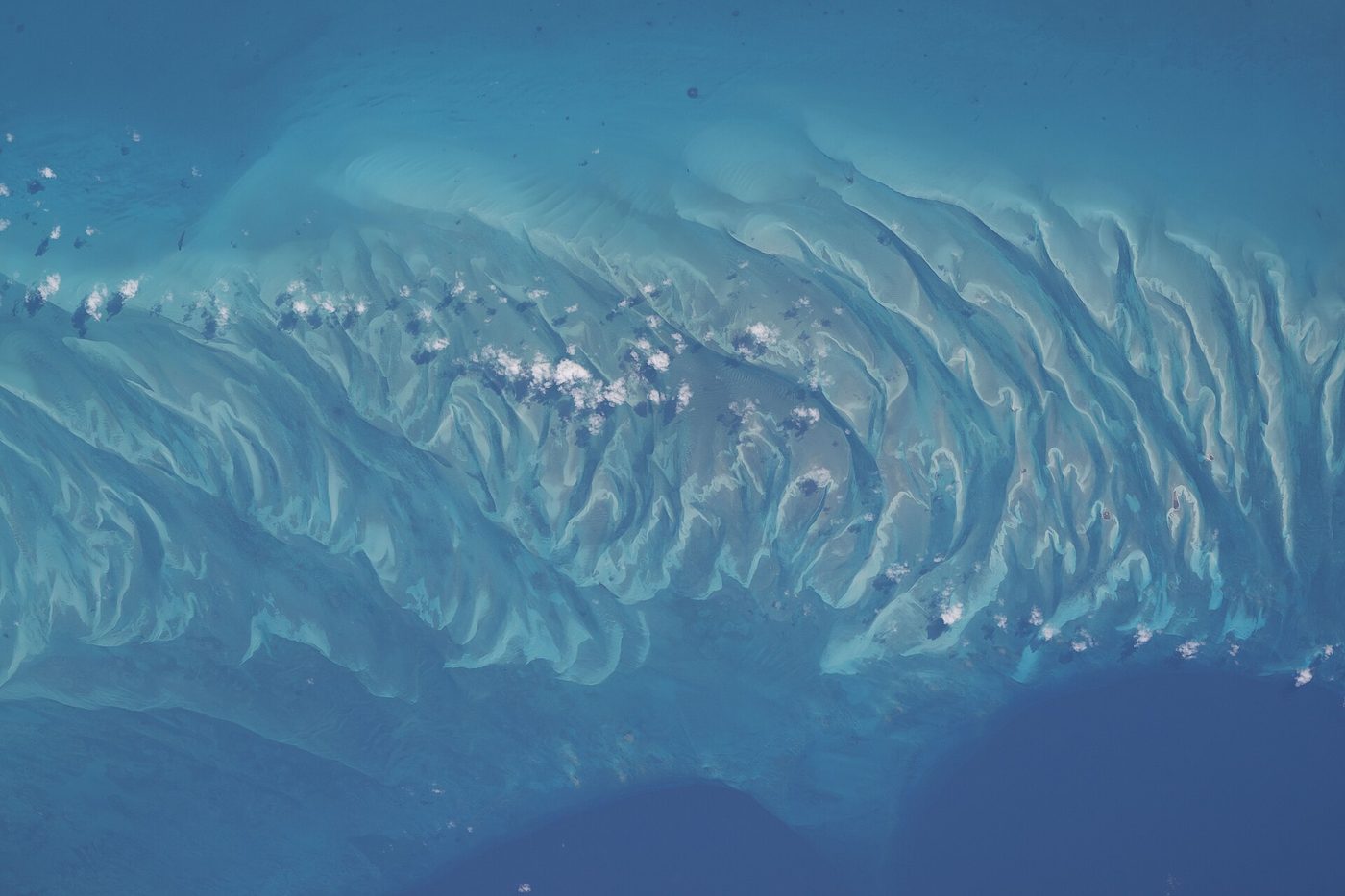 Sandbars and submerged dunes off Eleuthera, photographed from the International Space Station
